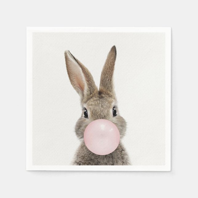 Serviette En Papier Lapin soufflant un bubble gum rose  (Devant)