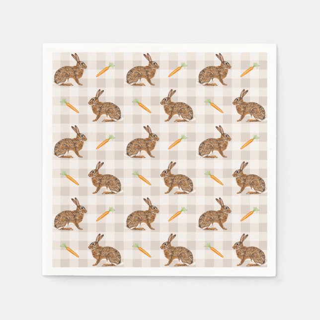 Serviette En Papier Lapins Bruns Et Carottes Gingham Beige Rustique (Devant)