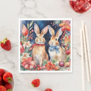 Serviette En Papier Lapins de Noël à l'aquarelle Rouge Or Floral