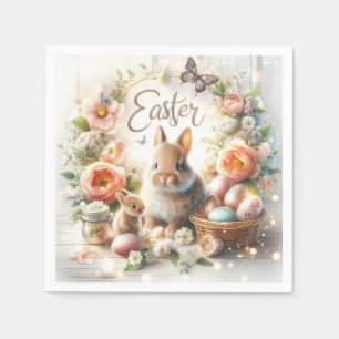 Serviette En Papier Lapins de Pâques, Oeufs, Fleurs et Papillons
