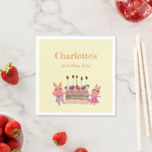 Serviette En Papier Lapins roses Gâteau fraise Anniversaire de enfant 