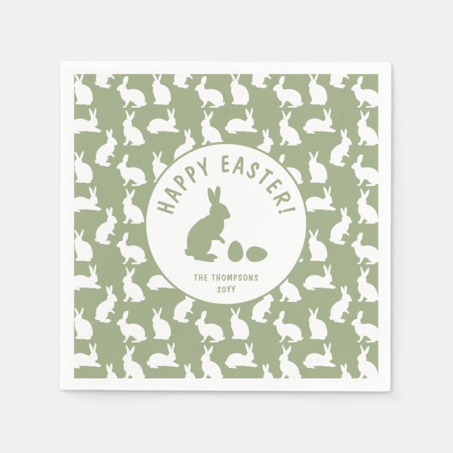 Serviette En Papier Lapins Vert Sauge Et Blanc Joyeuses Pâques (Devant)