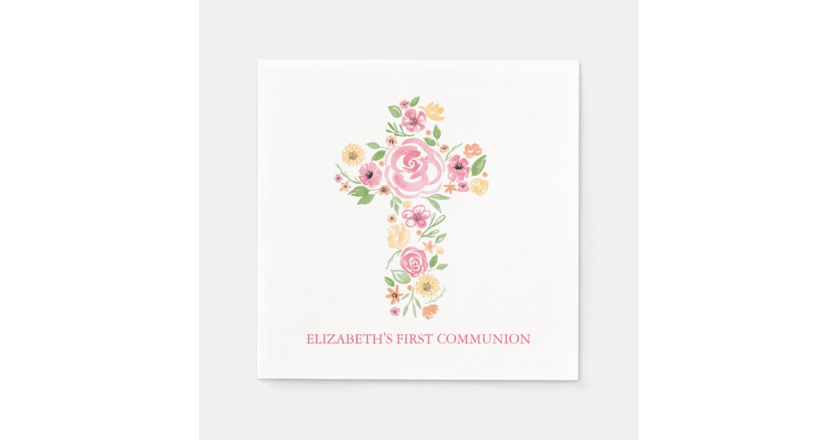 Serviette En Papier L Aquarelle Rose Fleurit La Premiere Communion De Zazzle Fr
