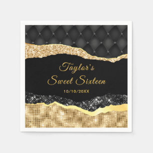Serviette En Papier Larmes à cristaux noir et or Sweet sixteen