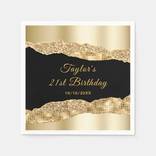 Serviette En Papier Larmes à glam noir et or Fête d'anniversaire (Devant)
