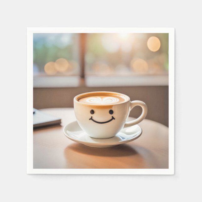 Serviette En Papier Latte Souriante Par Fenêtre Ensoleillée (Devant)