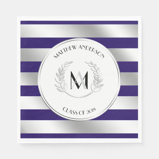 Serviette En Papier Laurel Monogrammed Argent et Blue Grad Party (Devant)