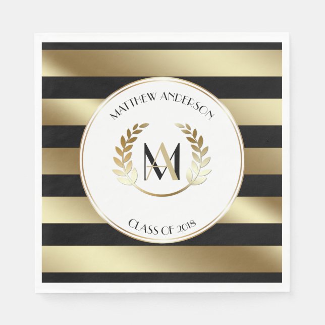 Serviette En Papier Laurel Monogrammed Black and Gold Party (Devant)