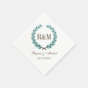 Serviette En Papier Laurel Wreath Monogram Mariage Napkin Bleu Blanc