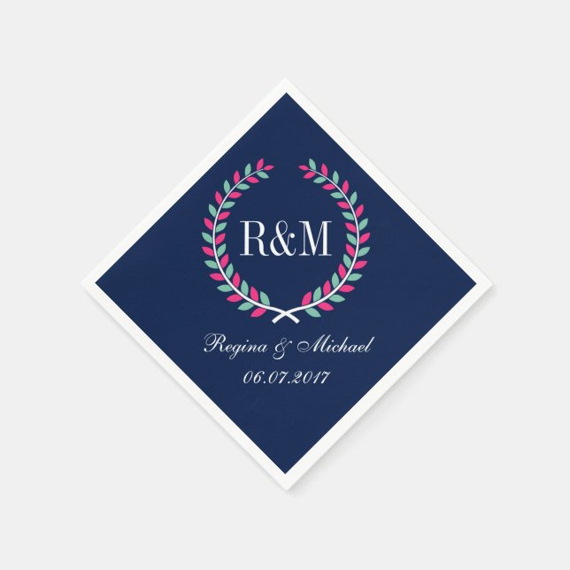 Serviette En Papier Laurel Wreath Monogram Mariage Napkin Navy Blue (Coin)
