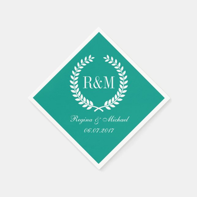 Serviette En Papier Laurel Wreath Monogram Mariage Napkin Turquoise Bl (Coin)