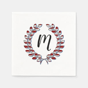Serviette En Papier Laurel Wreath Monogramme Motif à rayures rouges