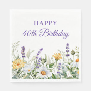 Serviette En Papier Lavande et fleurs sauvages Joyeux 40e anniversaire