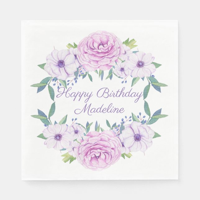 Serviette En Papier Lavande Lilac Personnalisée Florale Blanche Annive (Devant)