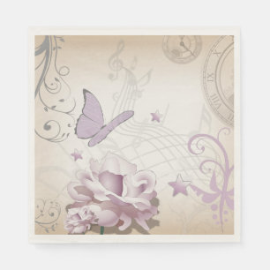 Serviette En Papier Lavande Vintage, Papillon, Musique, Horloges