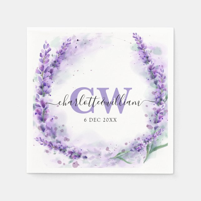 Serviette En Papier Lavender Elegant Aquarelle Monogram Mariage (Devant)