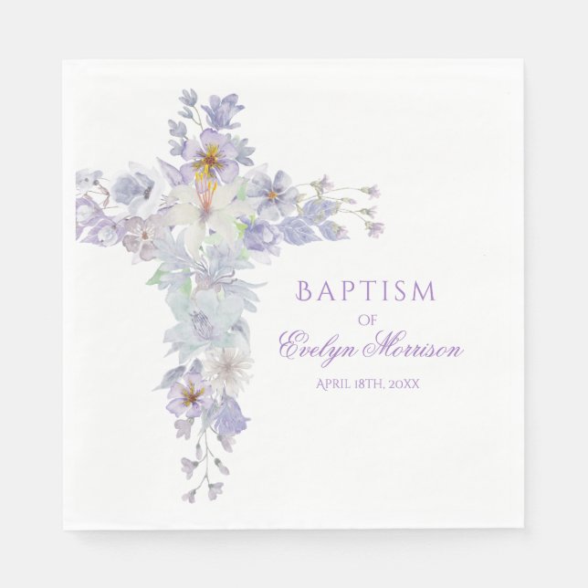 Serviette En Papier Lavender Floral Cross Baptism Napkins (Devant)