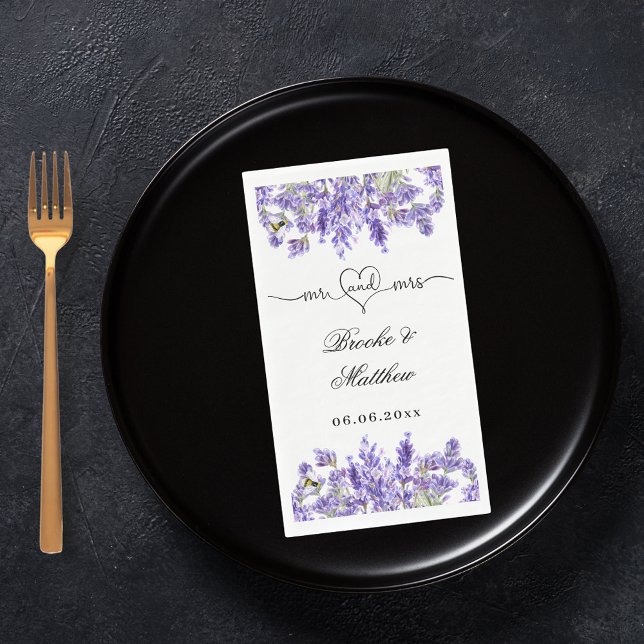 Serviette En Papier Lavender florals script m mrs coeur mariage (Créateur téléchargé)