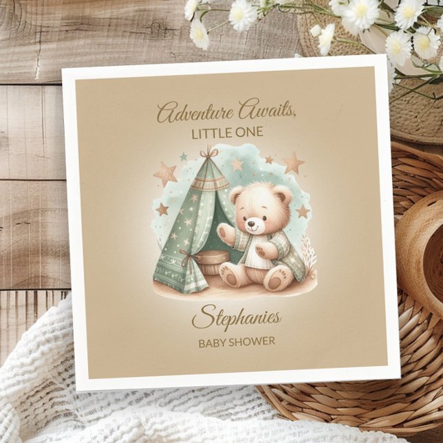 Serviette En Papier L'aventure Attend Ours Bébé Unisexe (Teddy bear "Adventure Awaits" baby shower paper napkins)