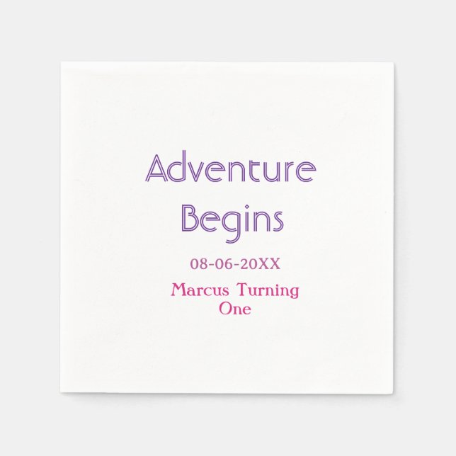 Serviette En Papier L'aventure commence 1er anniversaire nom date simp (Devant)