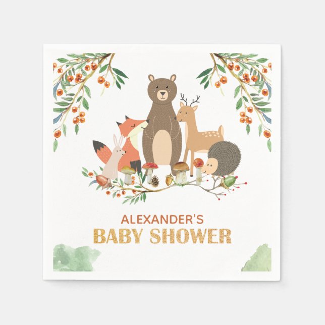 Serviette En Papier Le Baby shower des animaux des bois (Devant)