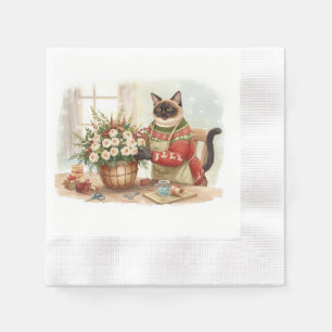 Serviette En Papier Le chat arrange des fleurs de Noël
