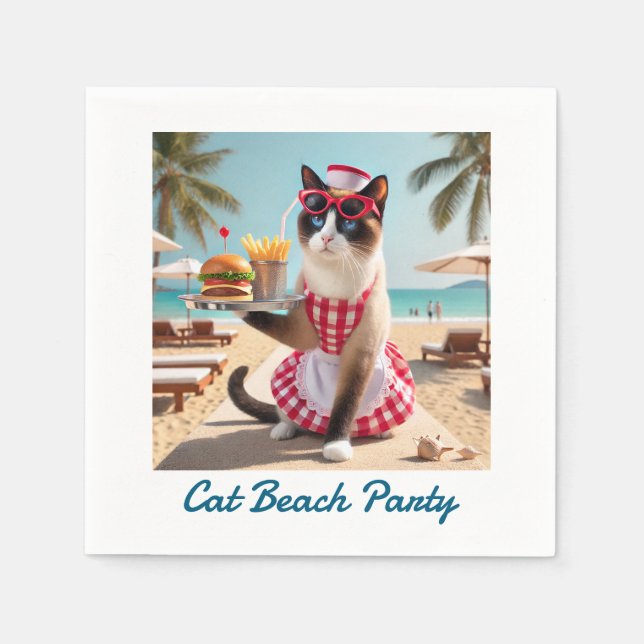 Serviette En Papier Le chat sert un hamburger pour la fête de plage (Devant)