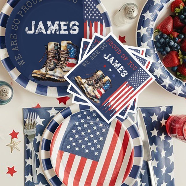Serviette En Papier Le drapeau militaire américain tire à sa fin BLUE (Patriotic Military Party US Flag Combat Boots going away farewell party table decor plates napkins)