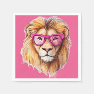 Serviette En Papier Le lion avec lunettes roses - Arrière - plan rose