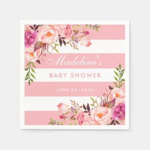Serviette En Papier Le rose rougissent baby shower floral rayé