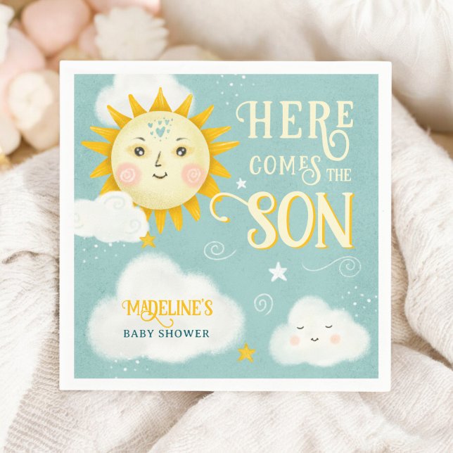Serviette En Papier Le soleil lunaire rétro vient ici le baby shower f (Retro whimsical Sun here comes the son baby shower Napkins)