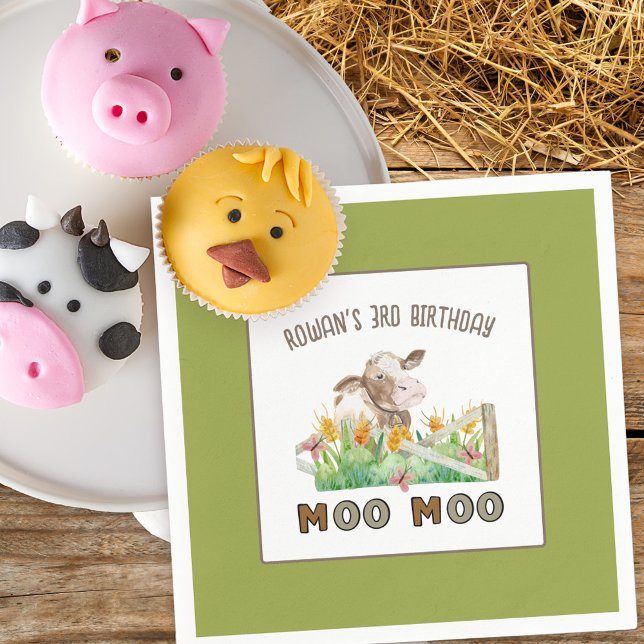 Serviette En Papier Le thème de la ferme Vache Moo Moo Anniversaire de (Farm themed birthday party napkins with personalized wording)