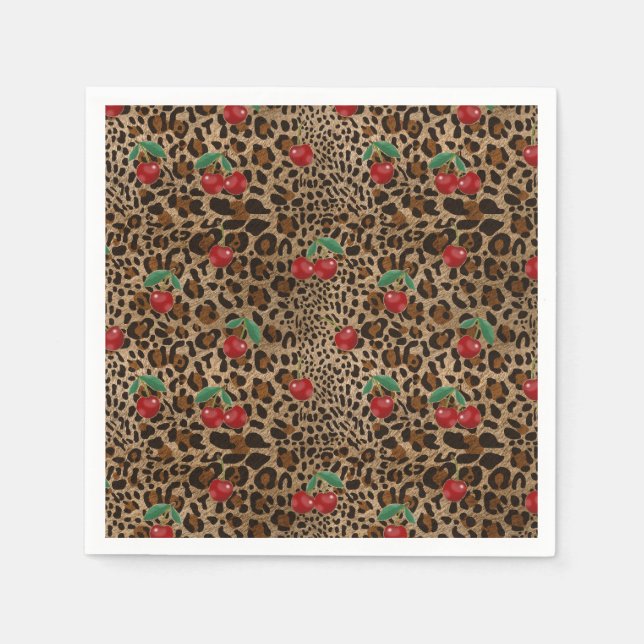 Serviette En Papier Leopard Cheetah Animal Print Red Cherries (Devant)