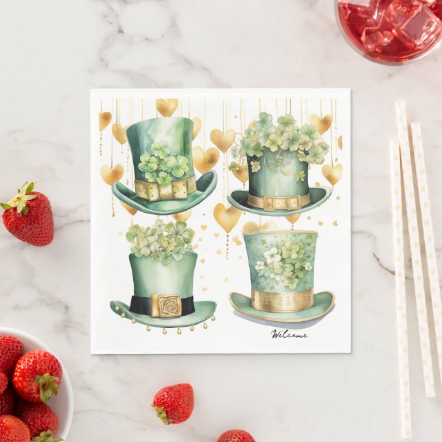 Serviette En Papier Leprechaun Casquettes et Coeurs d'or pour la St Pa (En situation)