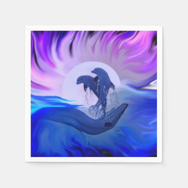 Serviette En Papier Les dauphins au clair de lune (Devant)