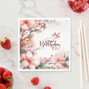 Serviette En Papier Les fleurs de Magnolia rose et les oiseaux Joyeux 