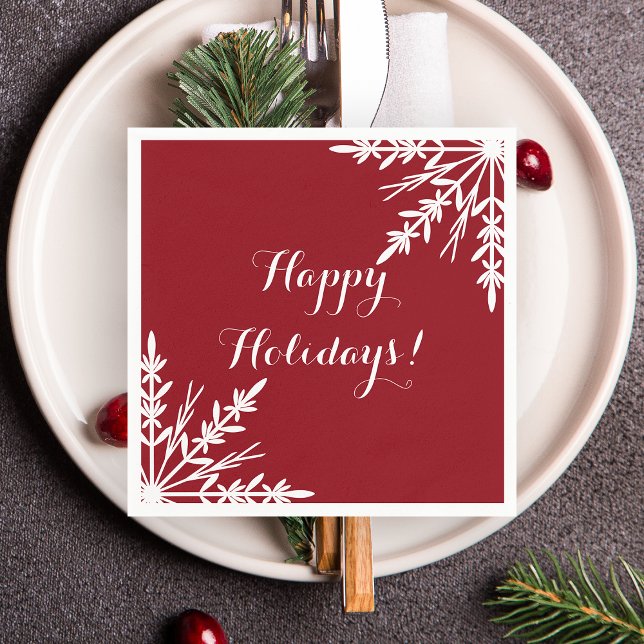 Serviette En Papier Les flocons blancs d'hiver sur Red Happy Holidays (Créateur téléchargé)