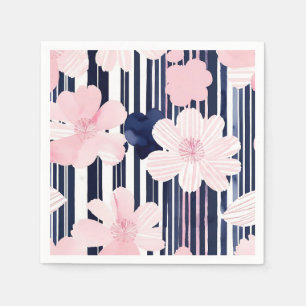 Serviette En Papier Les rayures florales modernes rose et marine