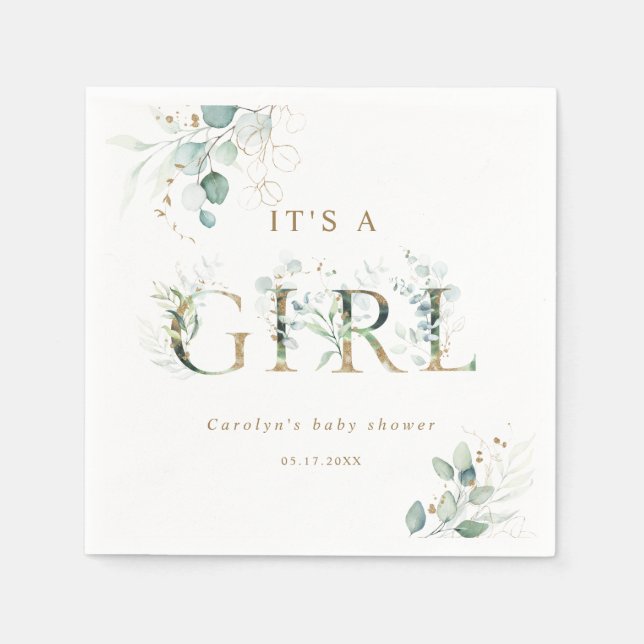 Serviette En Papier LETTRE BOtanique D'OR Eucalyptus Baby shower Fille (Devant)