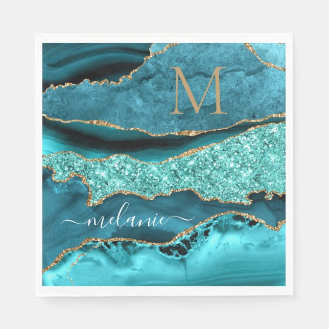 Serviette En Papier Lettre d'or bleu Turquoise d'Agate Aqua Turquoise (Devant)