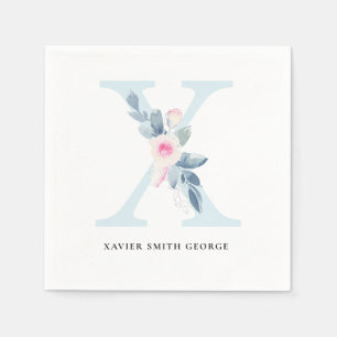 SERVIETTE EN PAPIER LETTRE FLORALE BLEUE BLEUE DOUCE ALPHABETS BLANCS 