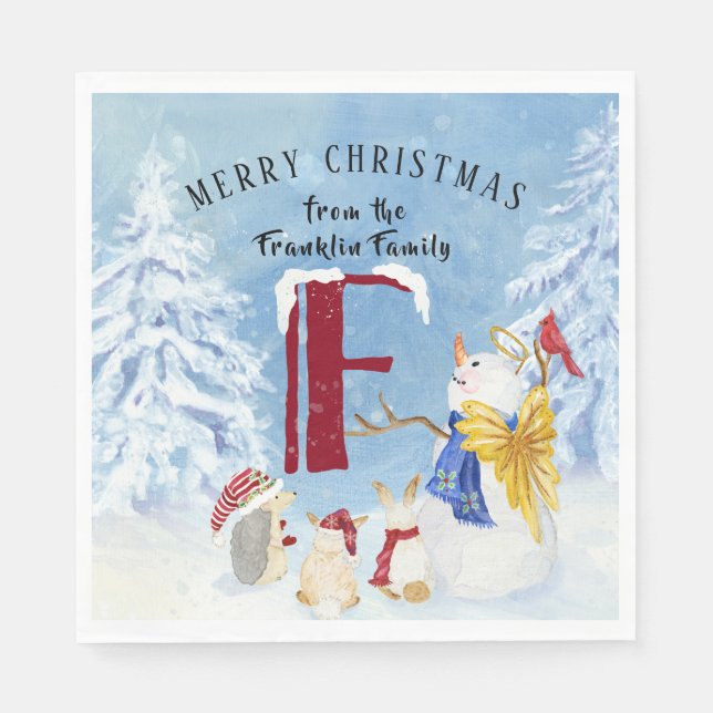 Serviette En Papier Lettre monogramme F Adorable Angel Snowman Forest (Devant)