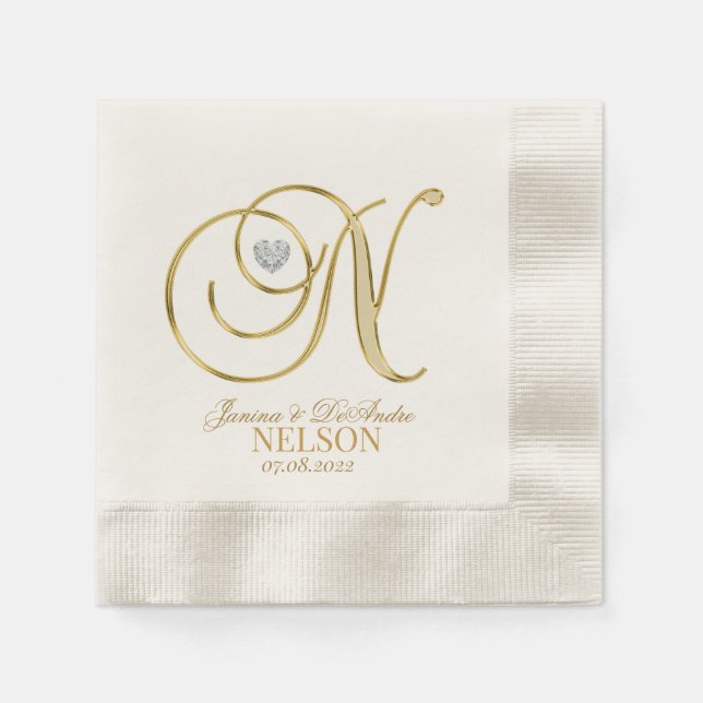 Serviette En Papier Lettre Monogramme personnalisée N Mariage de coeur (Devant)