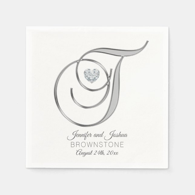 Serviette En Papier Lettre Monogramme personnalisée T Mariage argent (Devant)