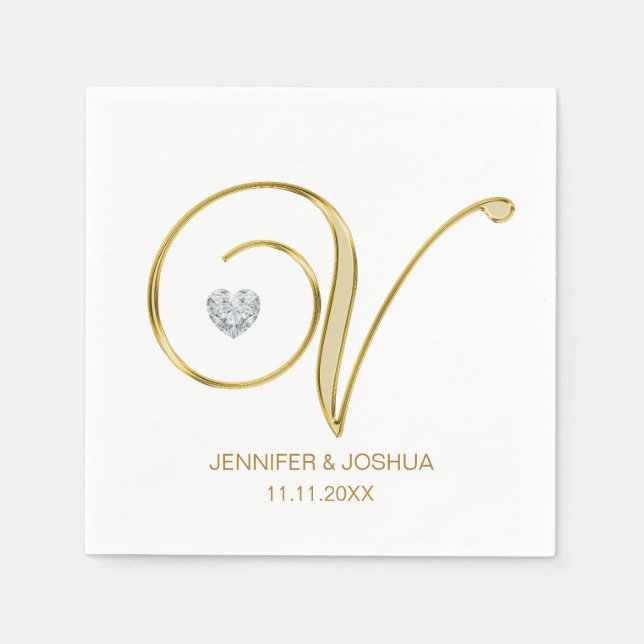 Serviette En Papier Lettre Monogramme personnalisée V Gold Heart Maria (Devant)