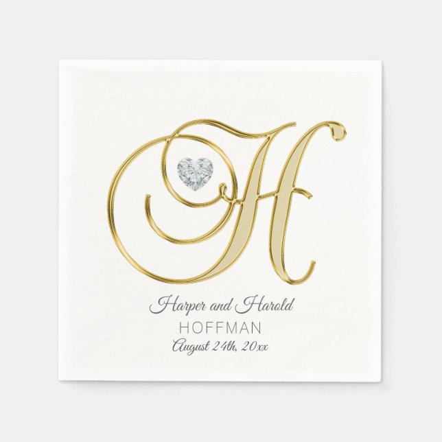 Serviette En Papier Lettre monographique H Mariage or (Devant)