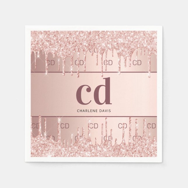 Serviette En Papier Lettres initiales de monogramme rose gold pailleté (Devant)