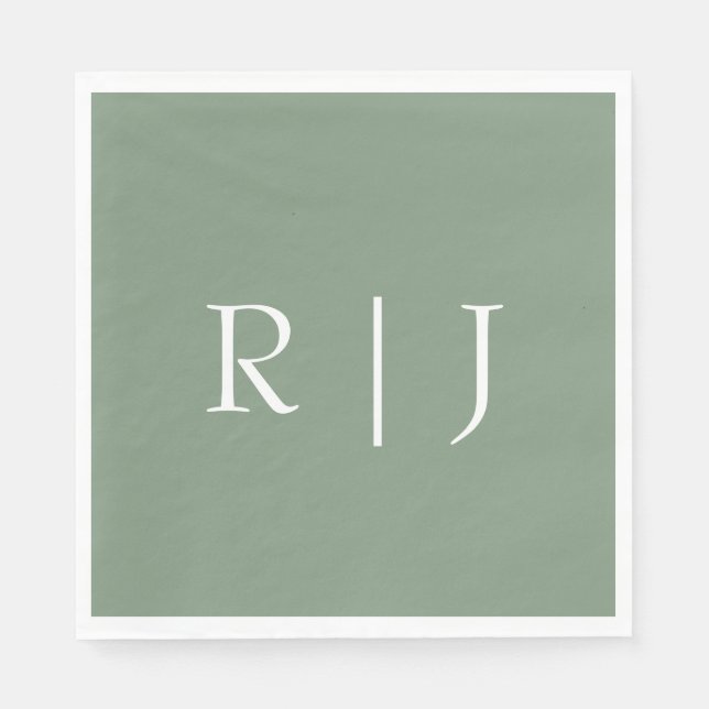 Serviette En Papier Lettres Initiales Monogramme Vert Sage Mariage (Devant)