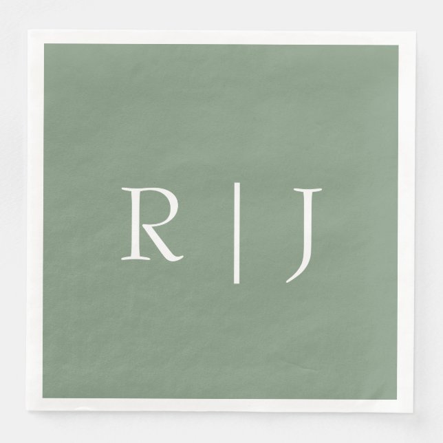Serviette En Papier Lettres Initiales Monogramme Vert Sage Mariage (Devant)