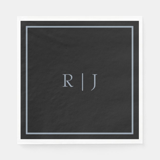 Serviette En Papier Lettres Monogrammes noir bleu Dusty Initiales Mari (Devant)